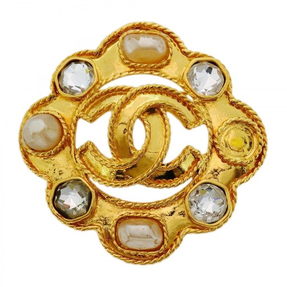 CHANEL Gold Pearl Logo Brooch - Picture 1 of 7